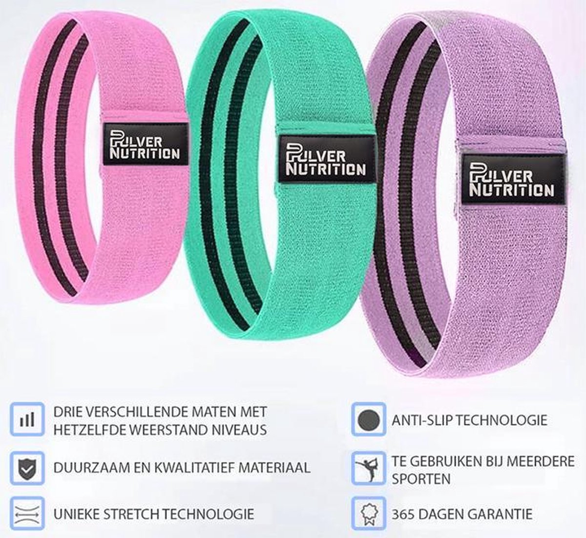 Pulvernutrition - Weerstandsbanden set van 3 exclusief - Bootybands - Weerstandsband - Resistance bands - Fitness elastiek