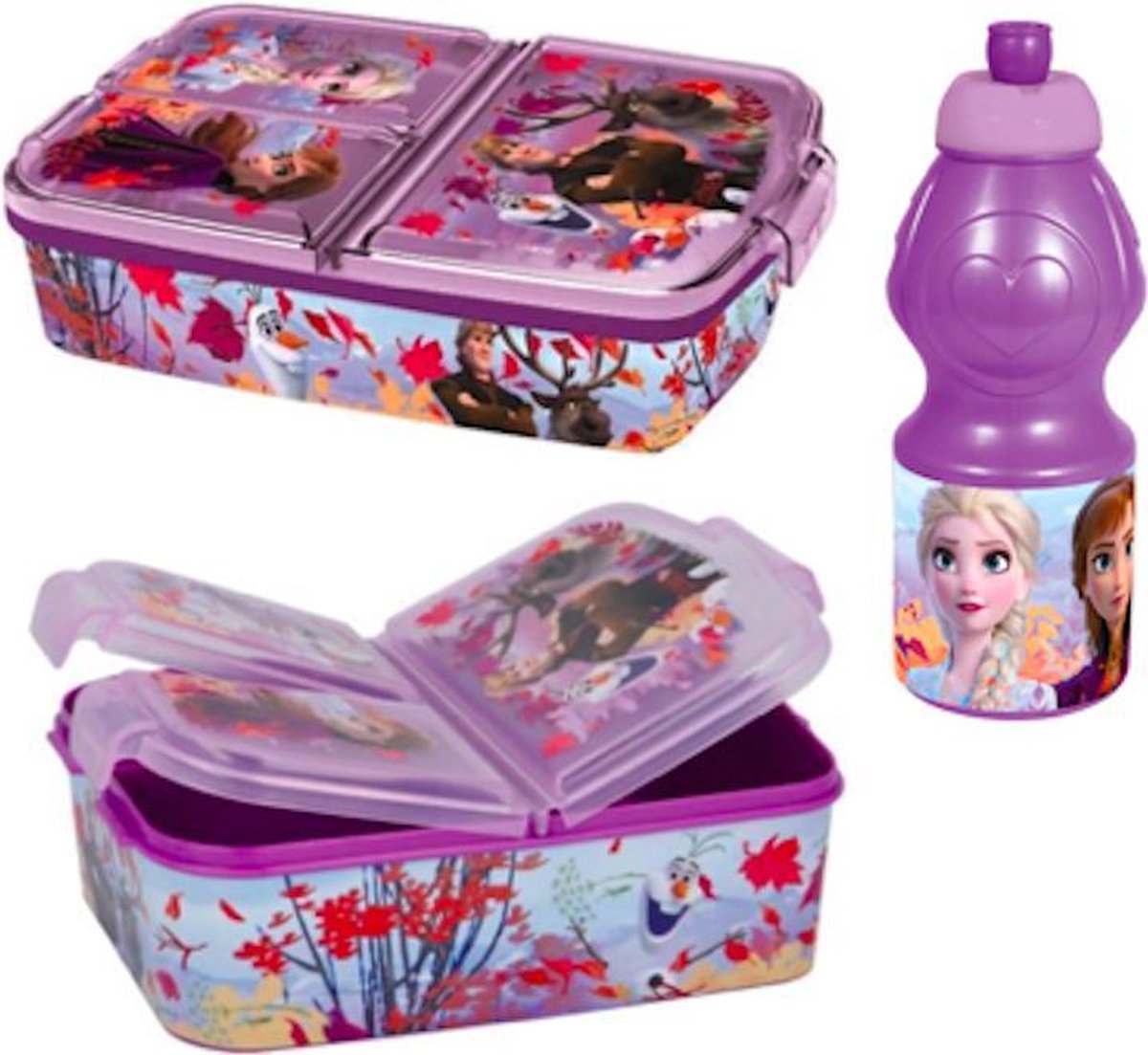 Frozen 3 compartimenten brooddoos (18 cm - 13 cm - 6 cm) + Drinkfles (18 cm hoog - 400 ml)