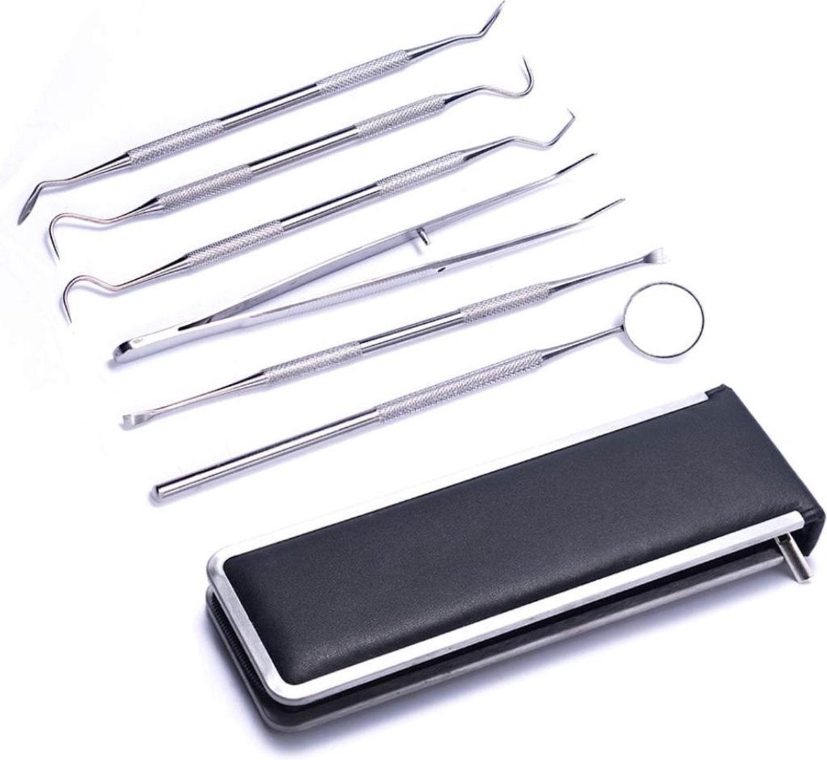 Compleet Tandarts Setje met Luxe Opberg Etui - RVS Tandsteen Haakje - Mond Spiegel - Tand Verzorging Gereedschap Set - Stainless Steel