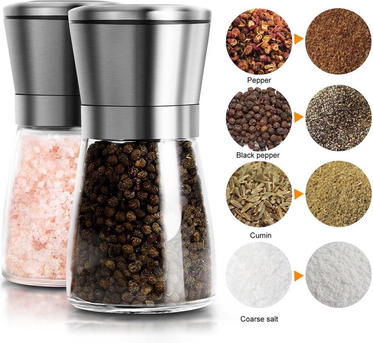 Peper en Zoutmolen van Glas en RVS - Specerijen maler/grinder - set van 2