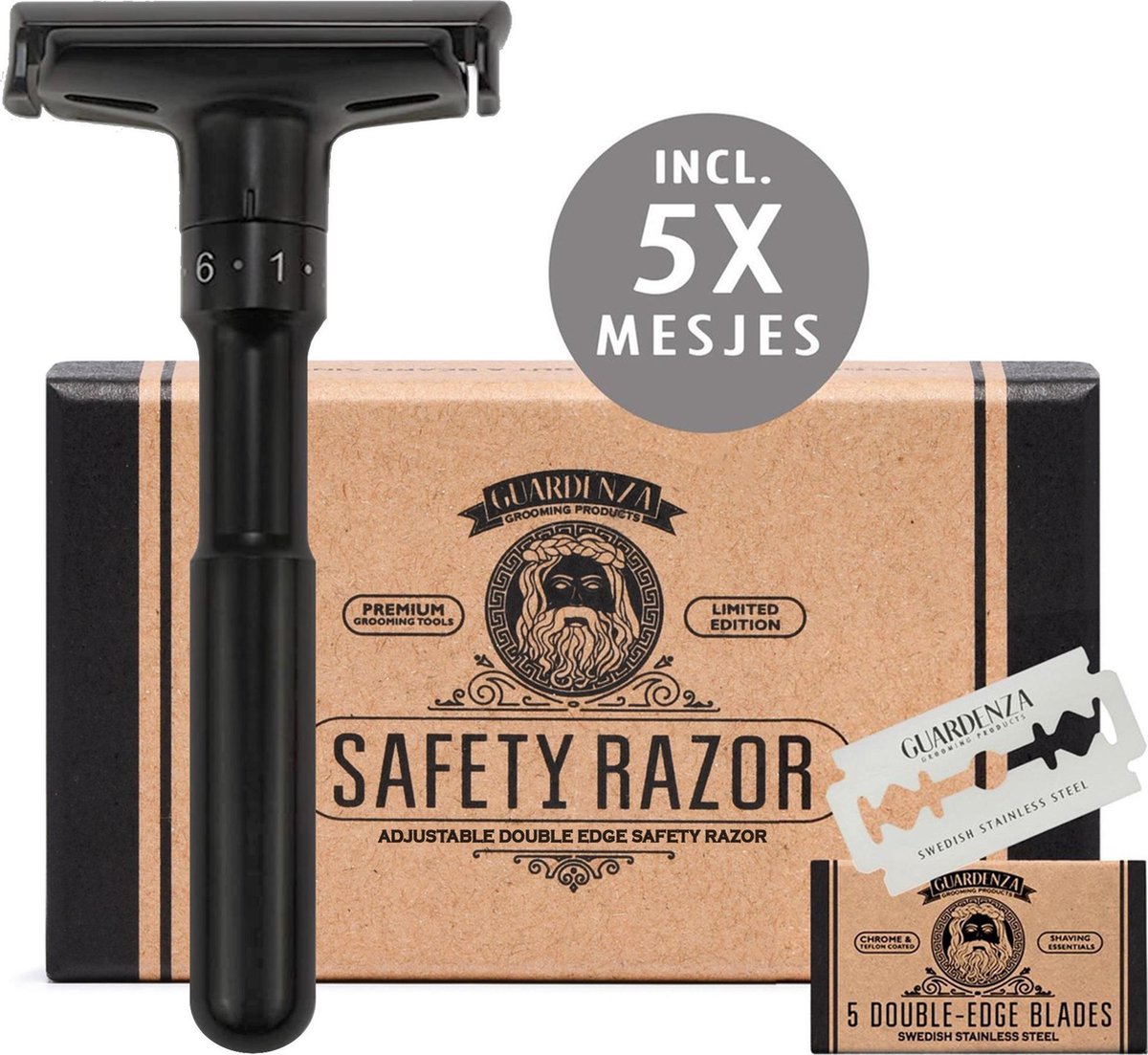 Guardenza Verstelbare Double-Edge Safety Razor (incl. scheermesjes) mat zwart | Klassiek Scheermes| Barbier Scheermes | Veiligheidsscheermes