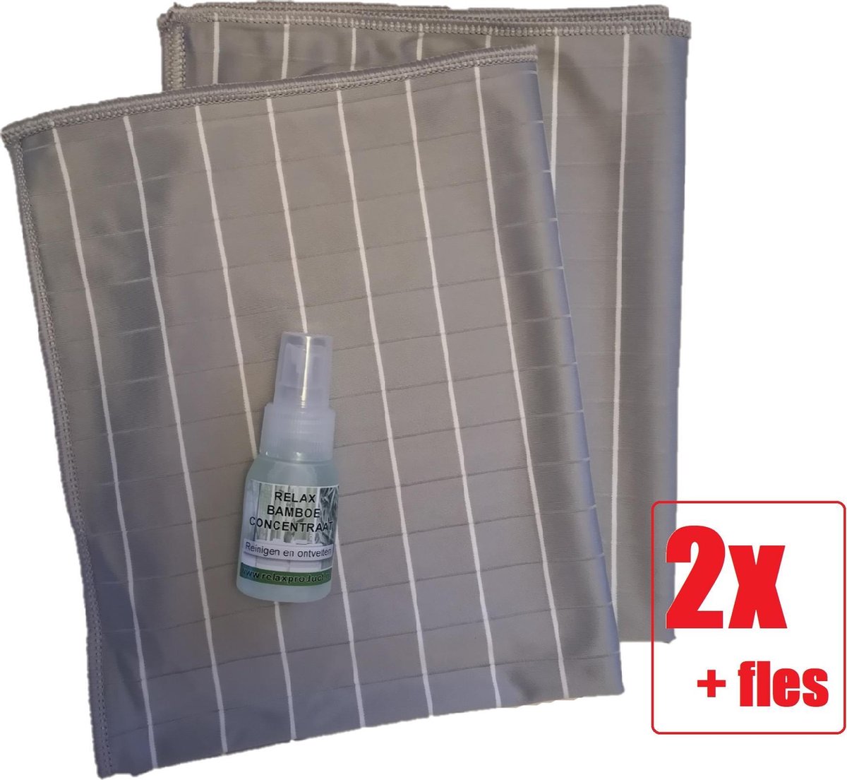 Ramenset - Raamdoeken - Microvezel glasdoeken - Droogdoek- Microvezeldoek - Zeem - Droogdoek - Keukendoek - Wonderdoek - Streeploos schoonmaken - ACTIE 2 STUKS GRIJS + Relax Bamboe Concentraat
