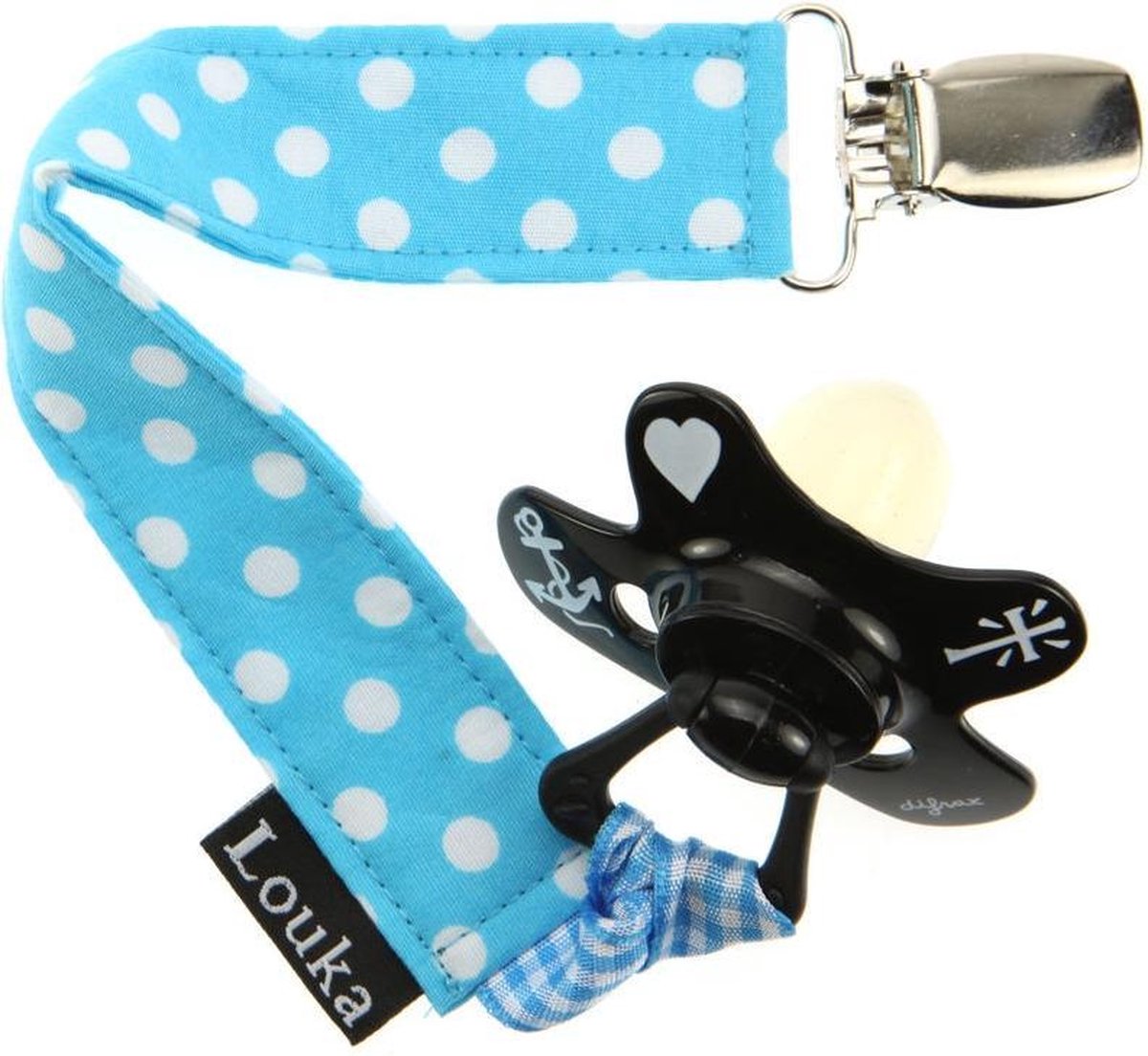 Louka speenkoord met naam turquoise met witte stip