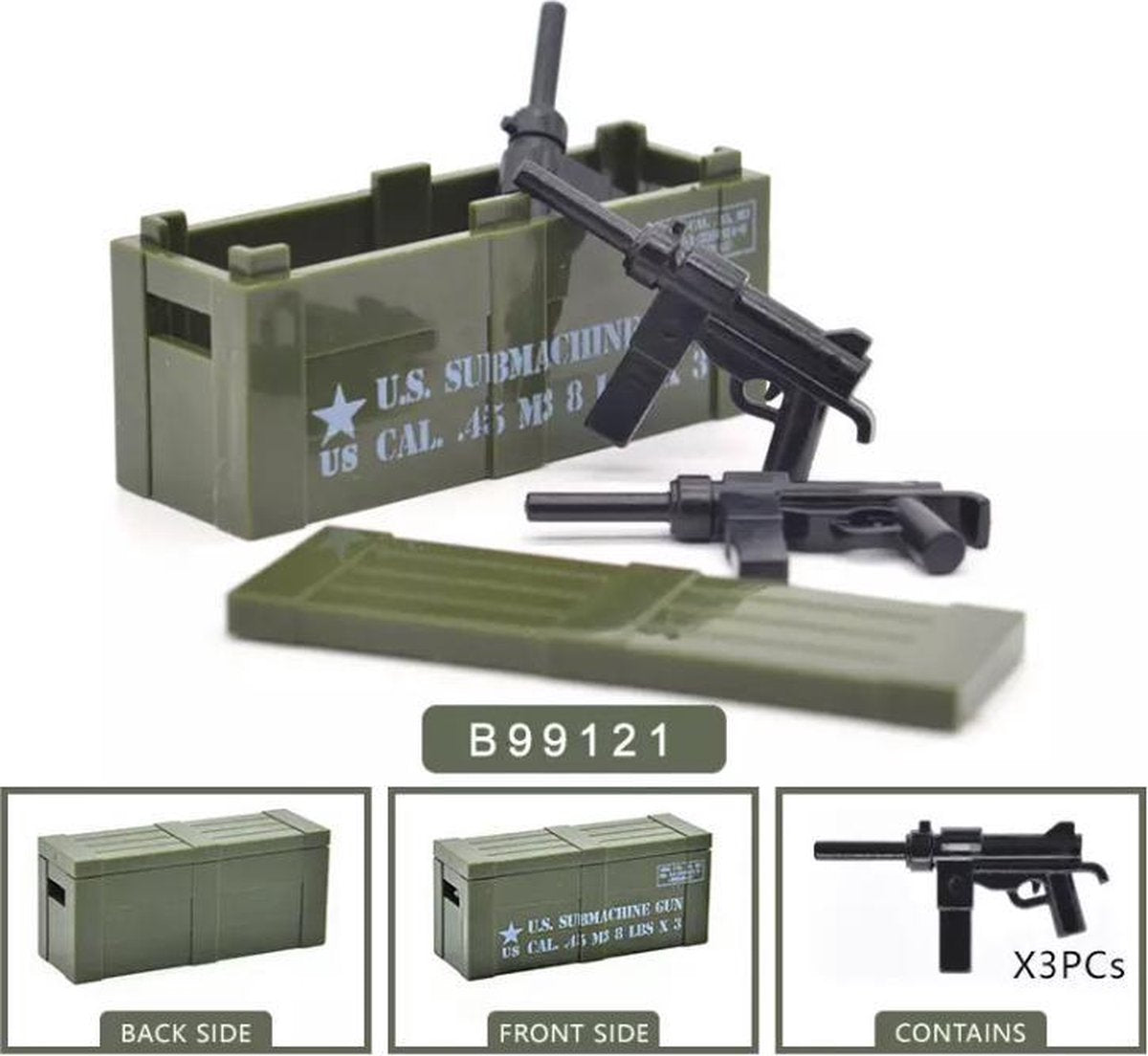 G24 - Amerikaanse wapenkist met 3x een M3 machine-pistool- Custom printed - WW2 Bouwstenen