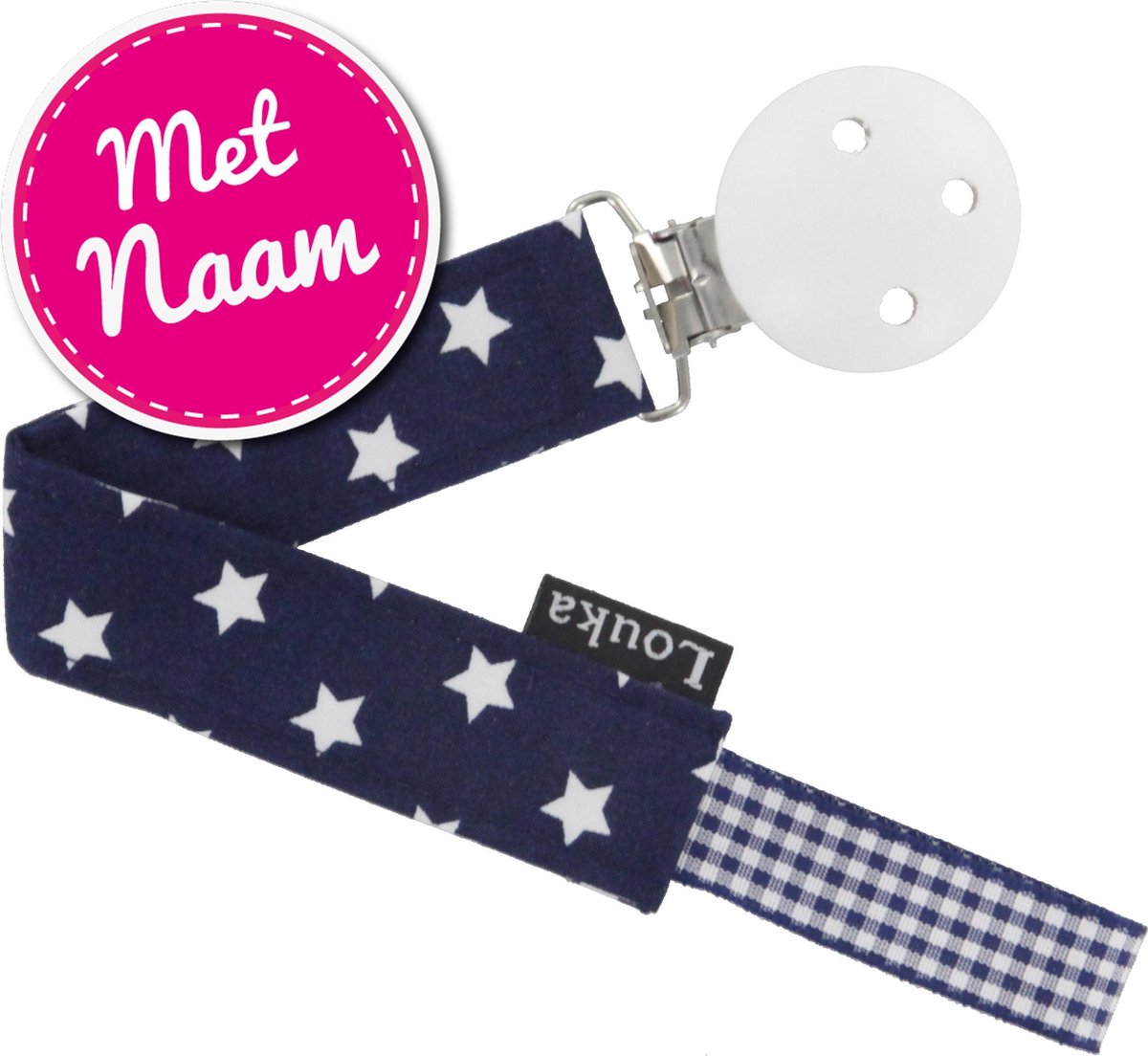 Louka speenkoord met naam donkerblauw met witte ster de luxe - houten clip