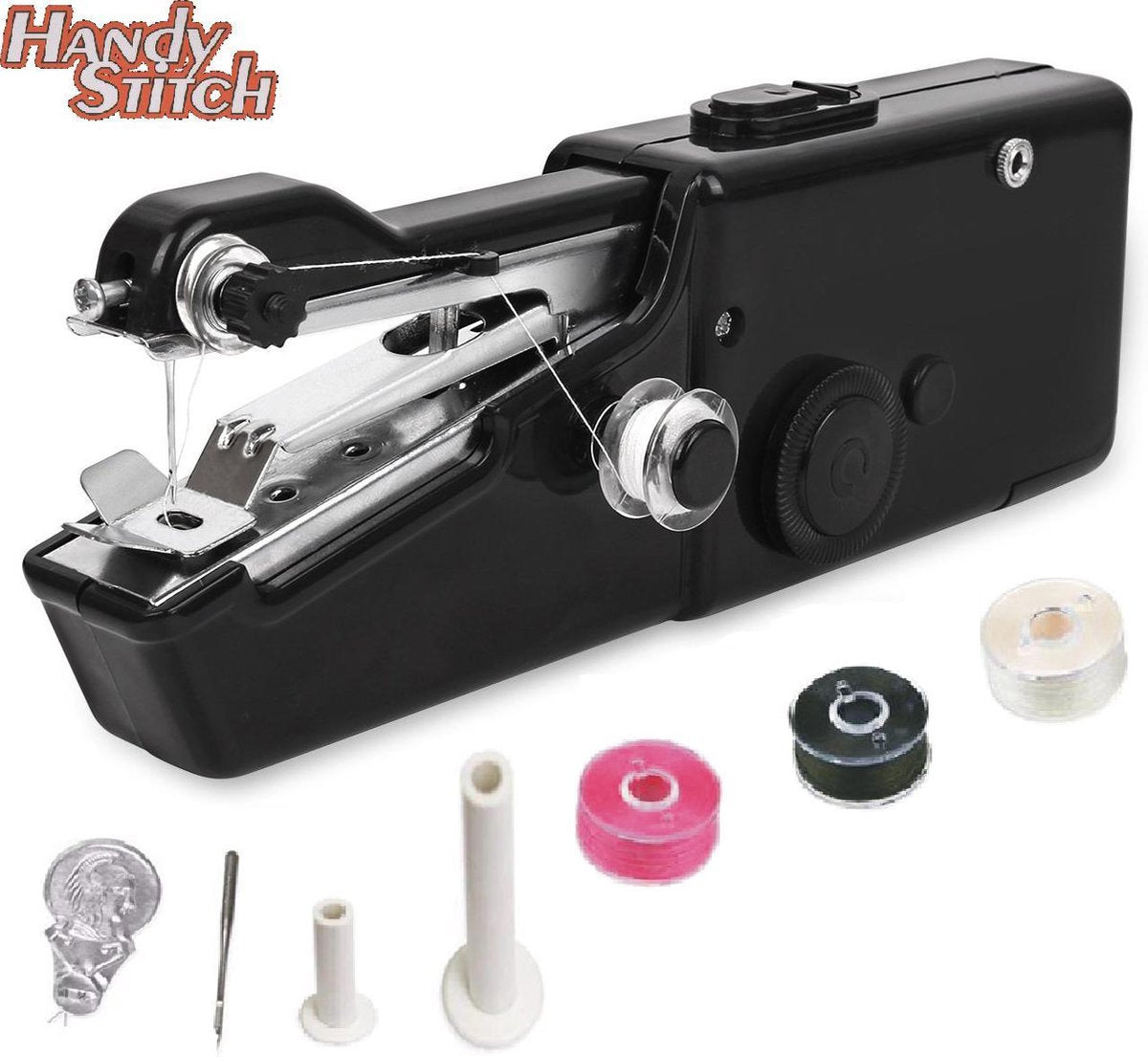 Handy Stitch - PREMIUM Handnaaimachine - Met 3 Spoelen garen en accesoires - Reis Naaimachine - Draadloos - Compact - Elektrisch of op batterijen
