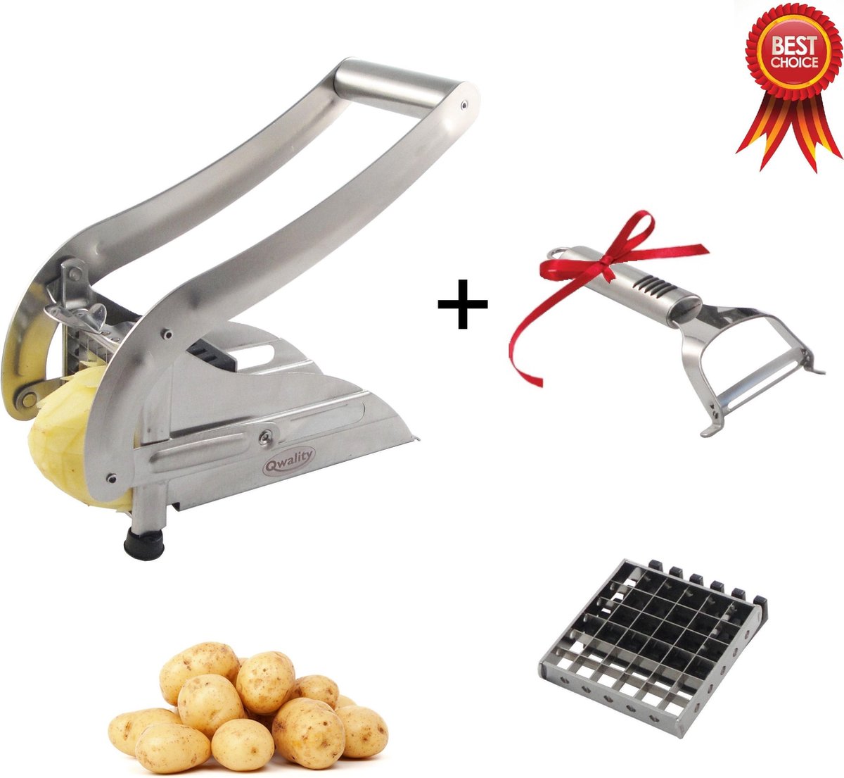 Stevige Frietsnijder + Gratis Dunschiller (RVS) - Zelf Friet Maken - Aardappelsnijder - Patat Snijder - Franse Frietes - Verse Friet - Qwality4u