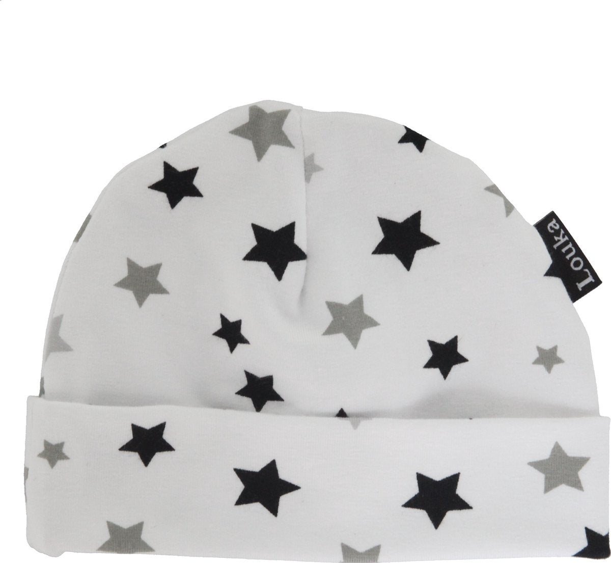 Louka baby mutsje wit met grijze en zwarte ster| new born | meisje | jongen | grijs | zwart