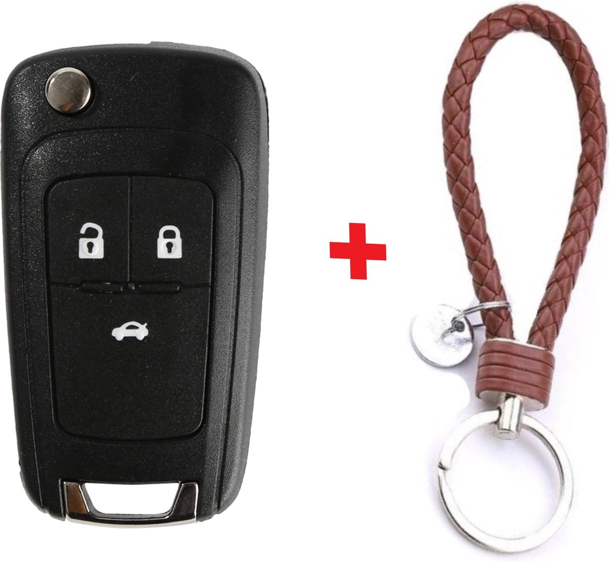Autosleutel 3 knoppen met HU100R01 klapsleutel geschikt voor Opel sleutel Astra / Corsa / Zafira / Insignia / Adam / Cascada / Opel sleutel behuizing + gevlochten bruin PU-lederen sleutelhanger.