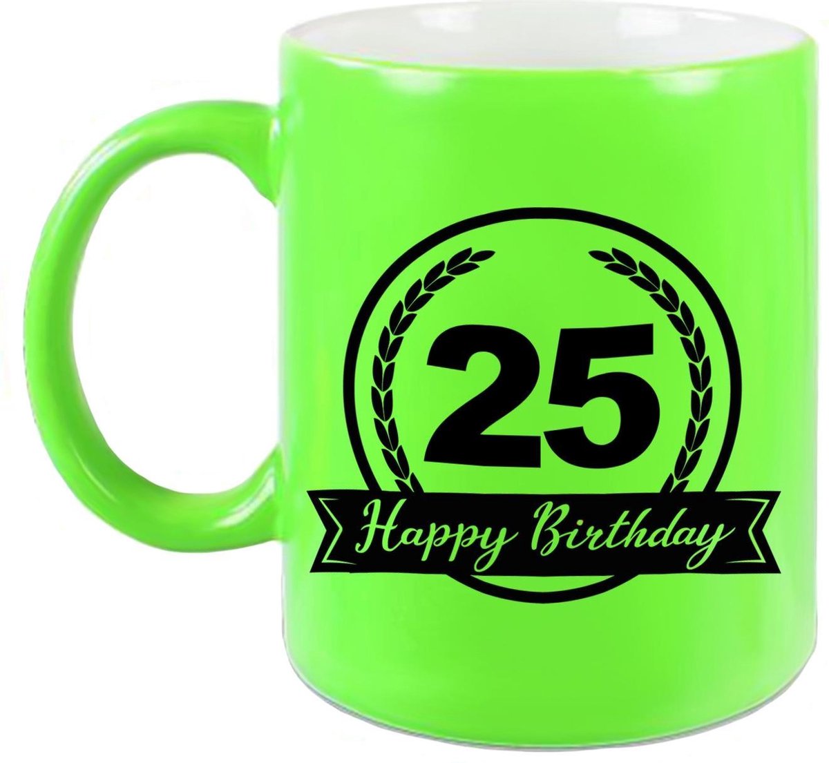 Happy Birthday 25 years cadeau mok / beker neon groen met wimpel 330 ml
