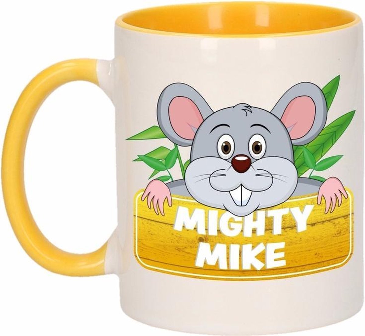 1x Mighty Mike beker / mok - geel met wit - 300 ml keramiek - muizen bekers