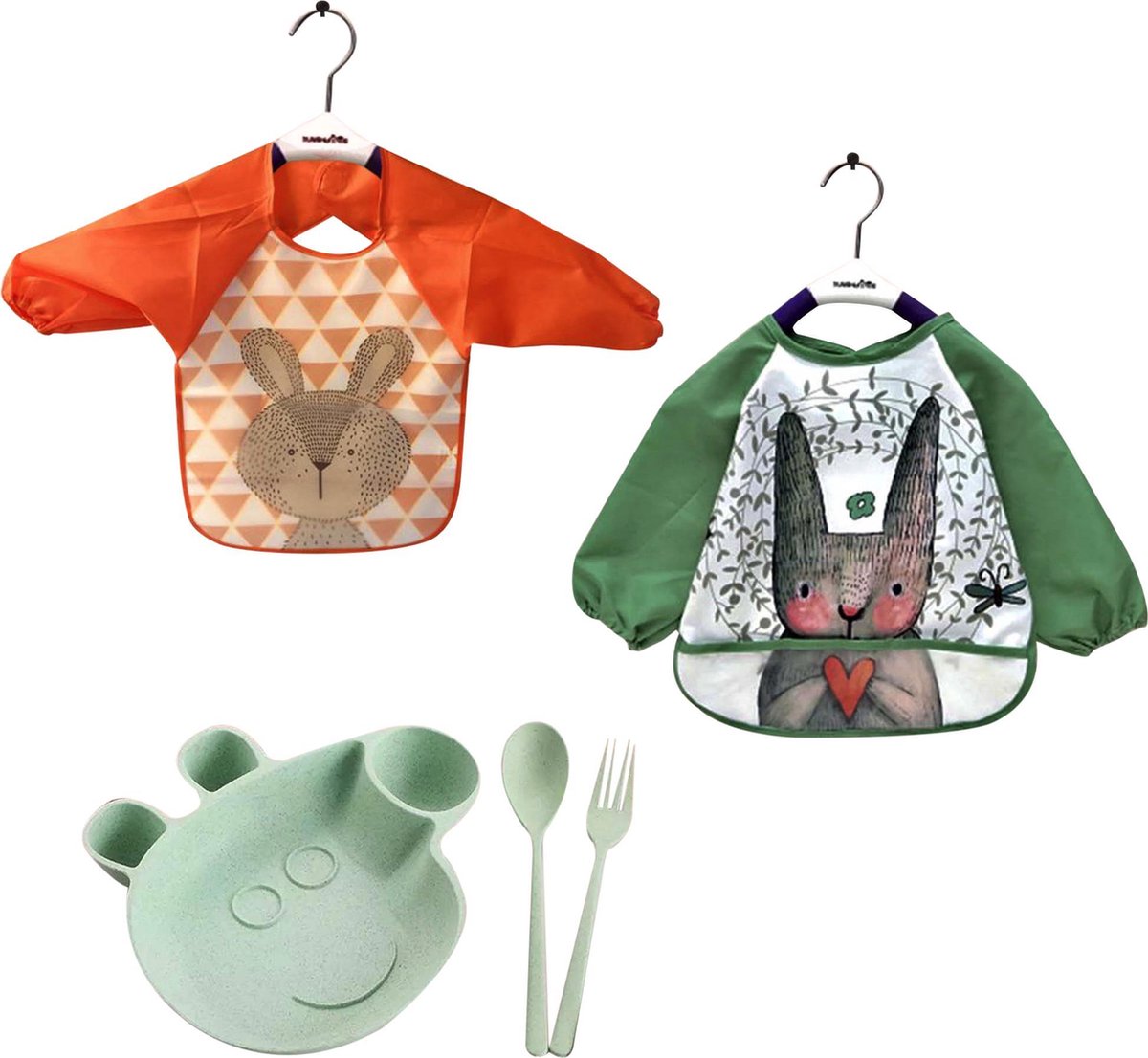 Slabbetjes Lange Mouwen Slabbers Baby 2 Stuks Bonus Kinderservies Met Bestek - Aan Tafel