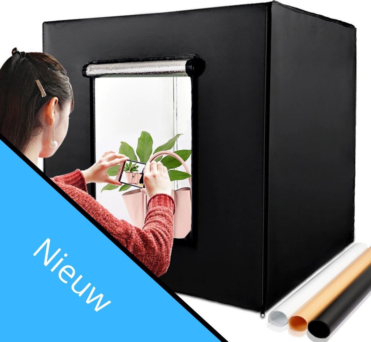 Grandecom® Fotostudio Pro - Draagbaar - Foto Box - LED verlichting - Studiotent - 80x80 cm - Fototent - Opvouwbaar - Opnametent - 3 Achtergronden