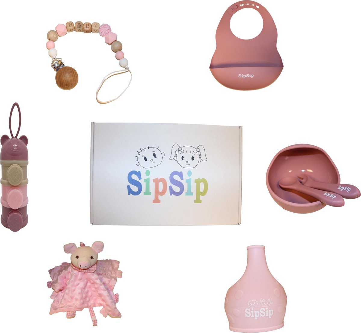 Baby Giftbox Set  Baby kraamcadeau Baby geschenkset  Meisjes -Melkpoeder Toren - Babyvoeding  – Slabbetje  – Baby servies set