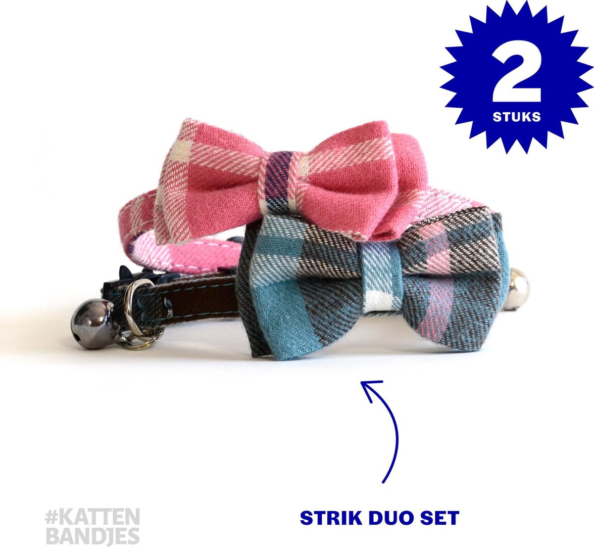 Kattenhalsband met strik | Halsband kat | Kattenband | Kitten | Kattenbandje met strik veiligheidssluiting en belletje ruit 2-pack