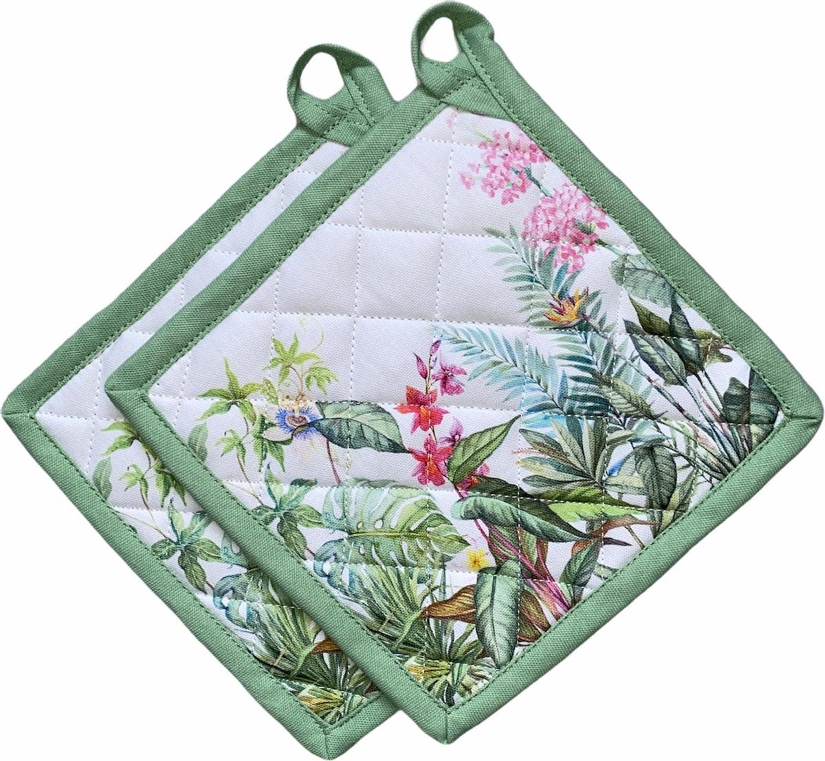 Pannenlappen 2 stuks | 100% Katoen | 20 x 20 CM | Hittebestendig | Grip | Planten | Bloemen | Groen | Wit | Geruit |