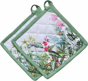 Pannenlappen 2 stuks | 100% Katoen | 20 x 20 CM | Hittebestendig | Grip | Planten | Bloemen | Groen | Wit | Geruit |