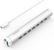 Orico - Aluminium USB3.0 Hub met 7 Poorten - Compatibel met type-A & Type-C - Incl. Stroomadapter -Laptopstand -  VIA-Chip - 5Gbps - Mac Style - Zilver