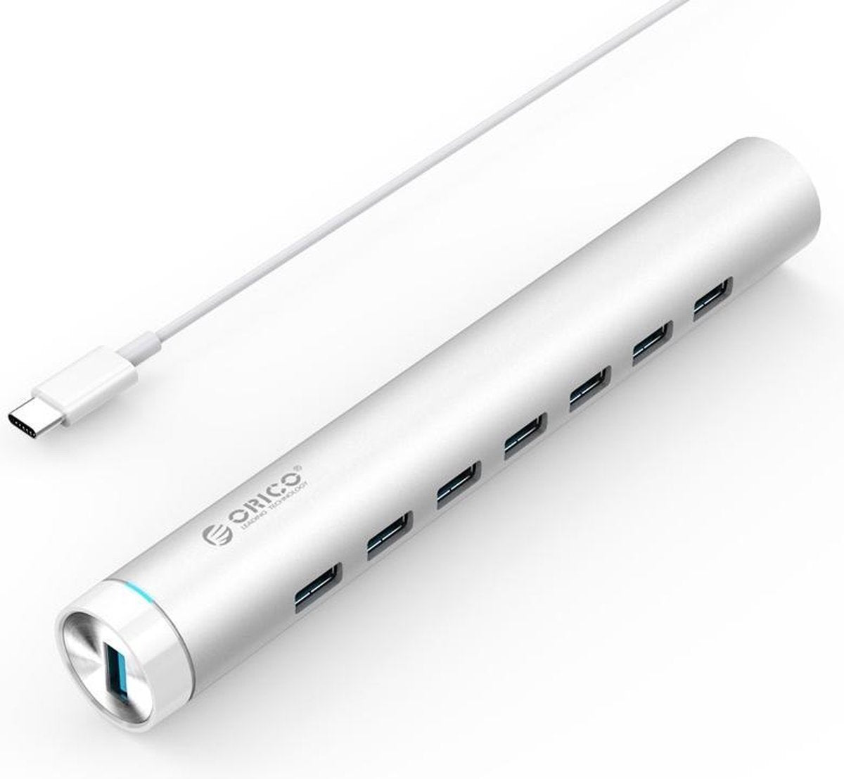 Orico - Aluminium USB3.0 Hub met 7 Poorten - Compatibel met type-A & Type-C - Incl. Stroomadapter -Laptopstand -  VIA-Chip - 5Gbps - Mac Style - Zilver