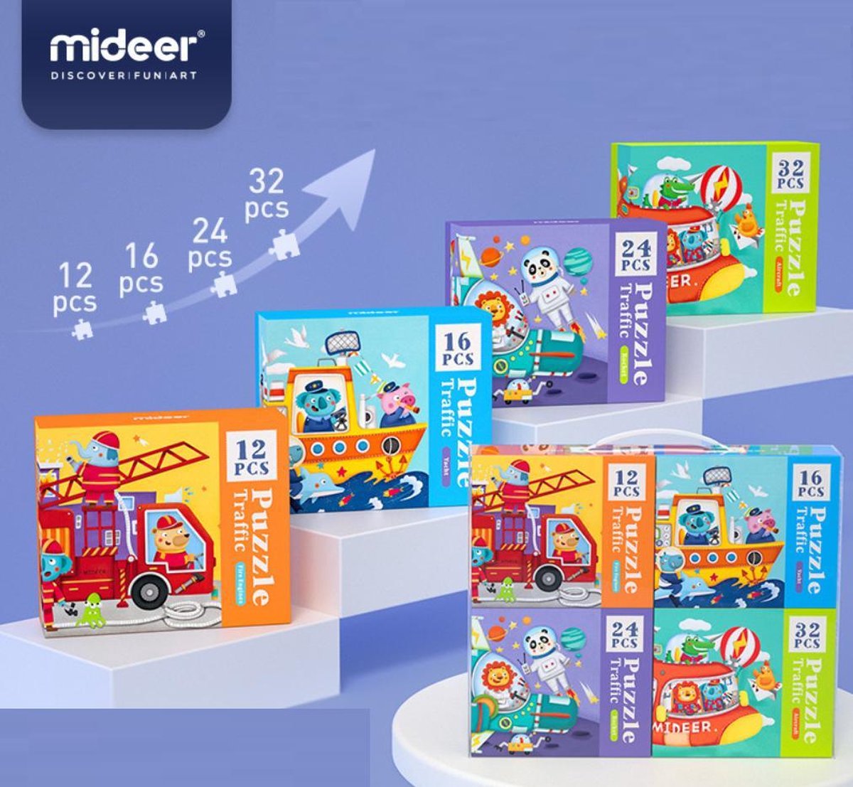 MiDeer - 4-in-1 puzzels in mooie geschenkdoos -  12 + 16 + 24 + 35 extra grote puzzelstukjes - Vervoer & Dier: Brandweerwagen + Boot + Vliegtuig + Raket - Kinderpuzzel - Educatief speelgoed voor kinderen