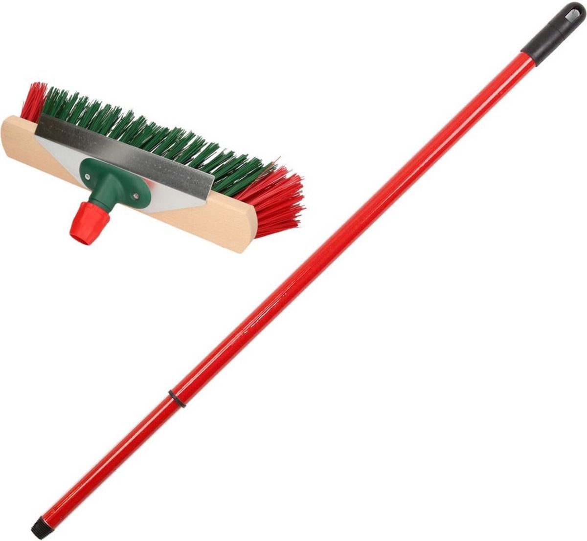Houten straatbezem/buitenbezem elaston 40 cm met metalen telescoopsteel rood 80 - 130 cm- Harde buitenbezems