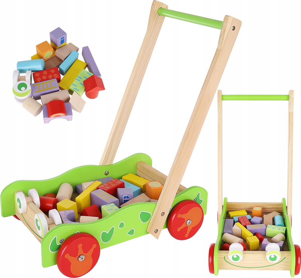 Vrolijke Blokkenkar Loopwagen - Kleurrijke Loopkar Blokkenwagen Kar Met 22 Gekleurde Houten Blokken - Babywalker Looptrainer - Loop & Duwwagen - Multicolor