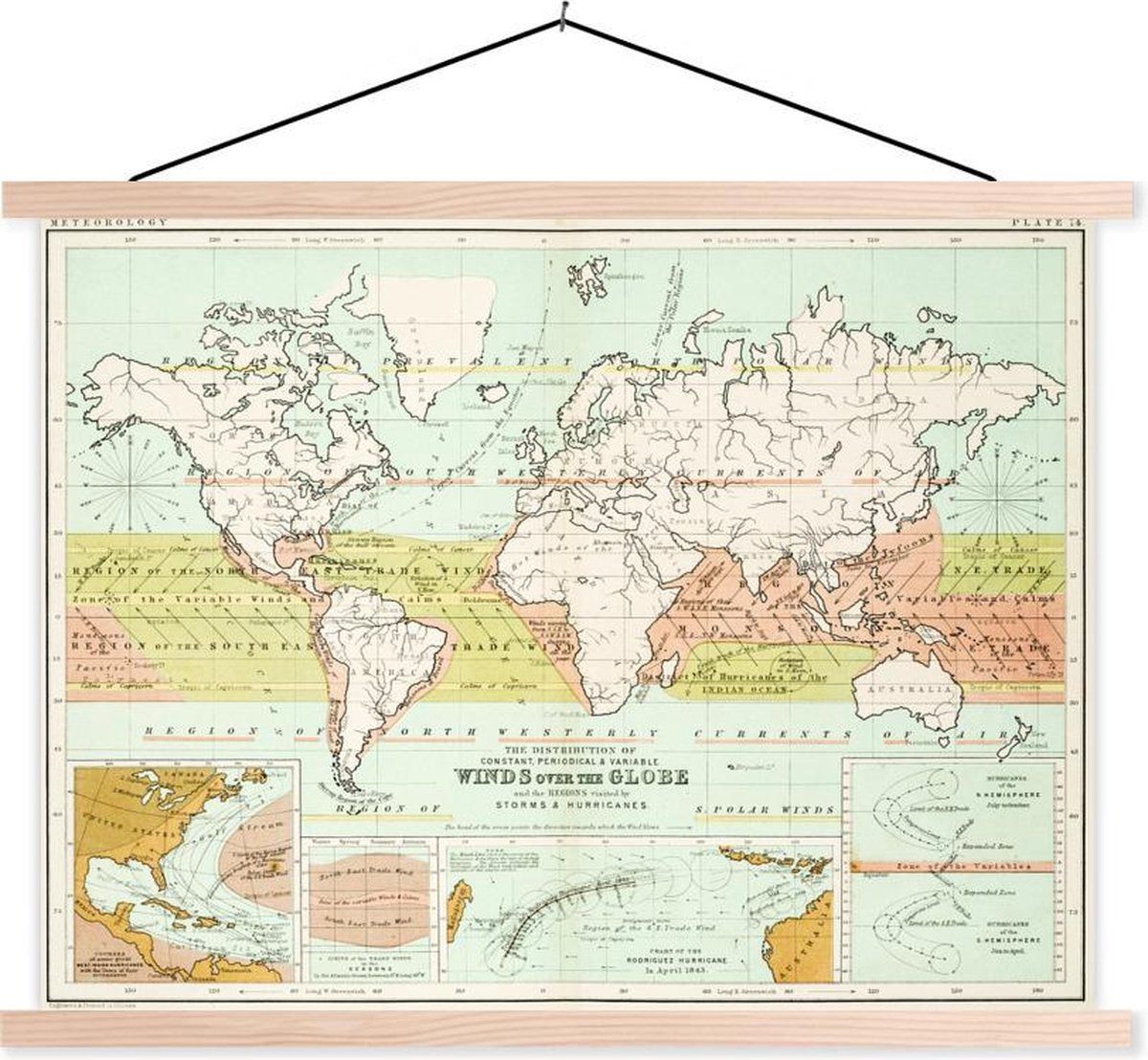 Oude meteorologische wereldkaart textielposter latten blank 40x30 cm - Foto print op schoolplaat (wanddecoratie woonkamer/slaapkamer)