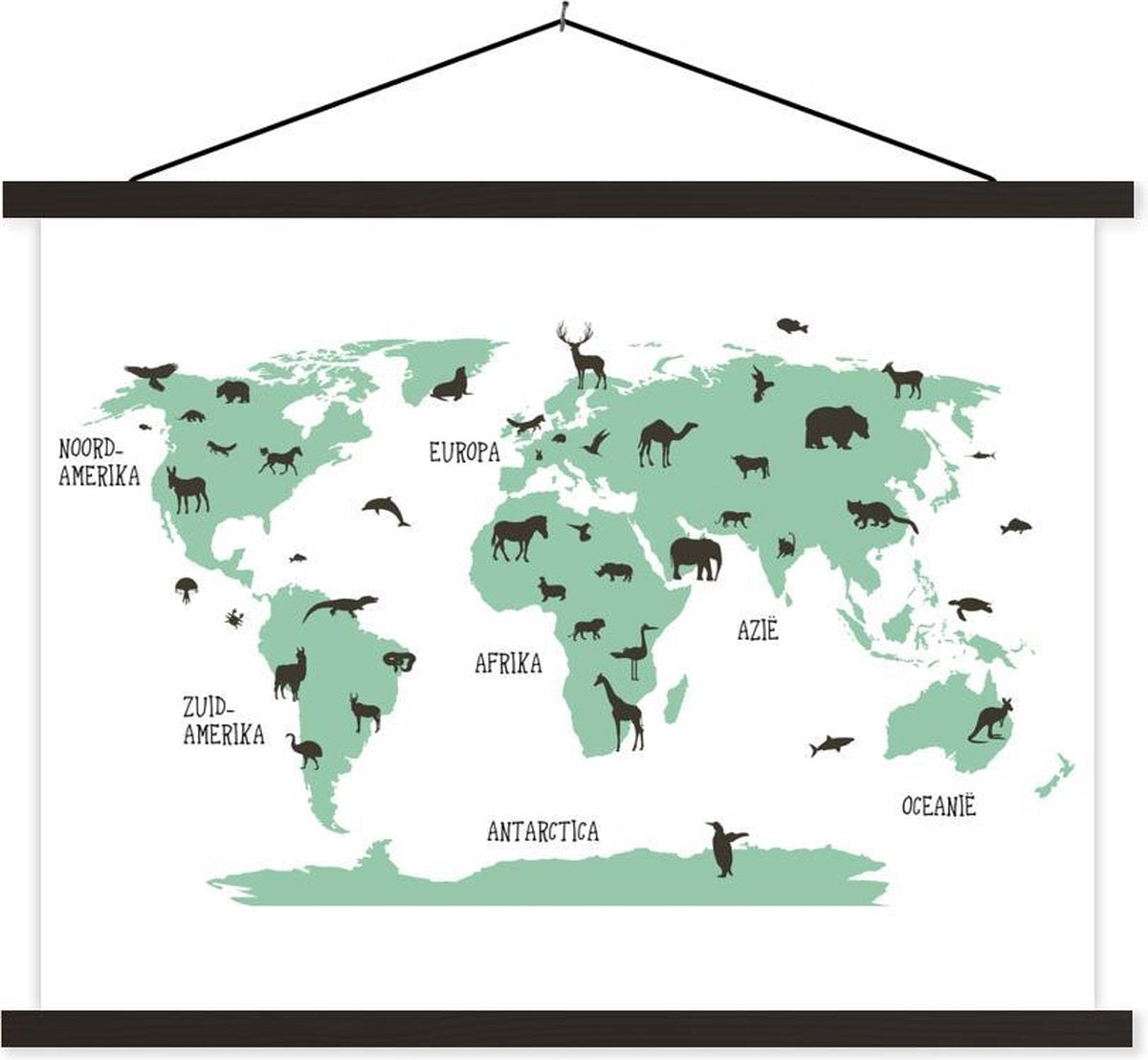 Wereldkaart kinderen - Dieren - Turquoise - 40x30 cm - Schoolplaat