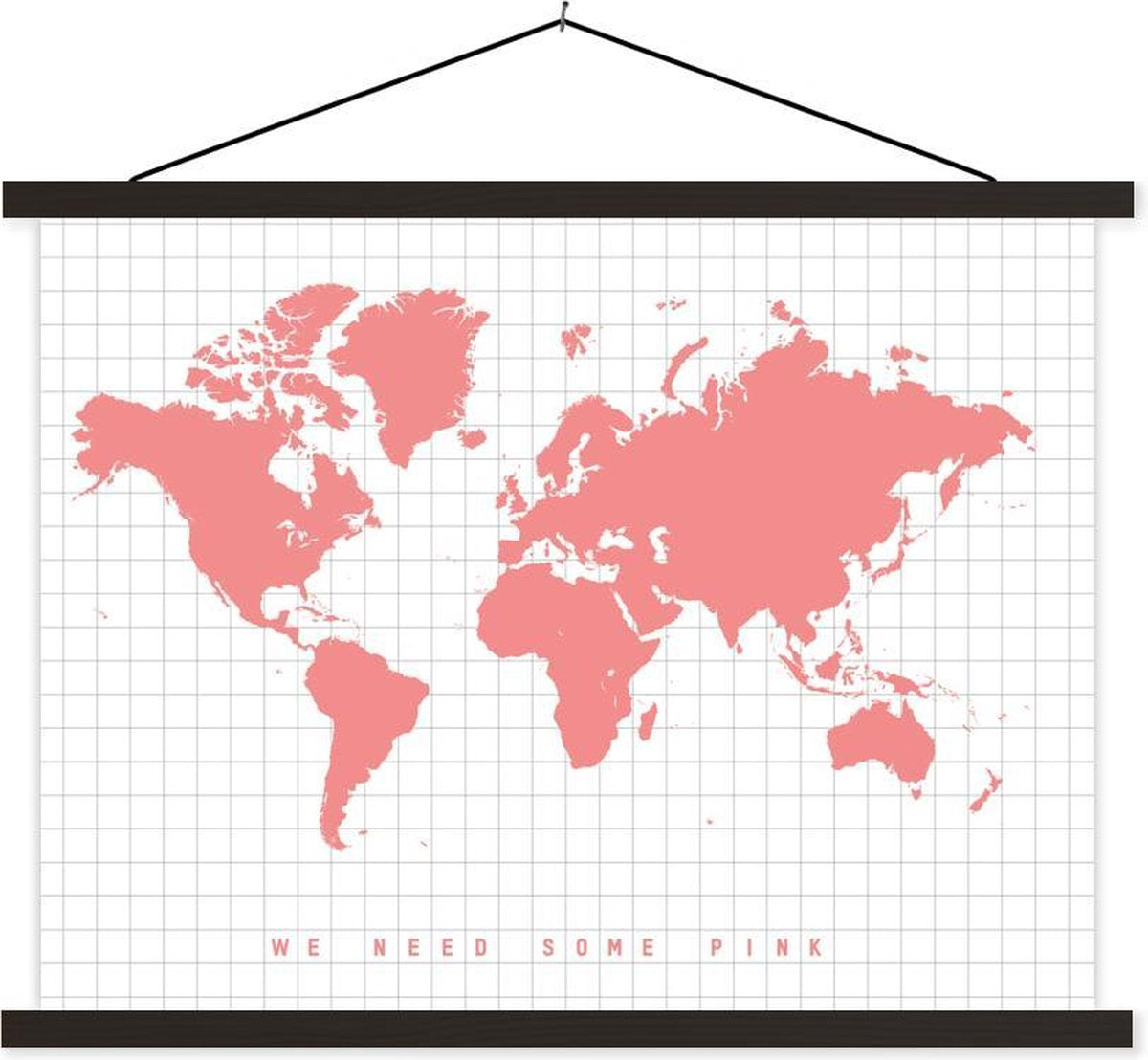 Wereldkaart Roze - Pink - Modern - schoolplaat platte latten zwart 60x45 cm - Foto print op textielposter (wanddecoratie woonkamer/slaapkamer)