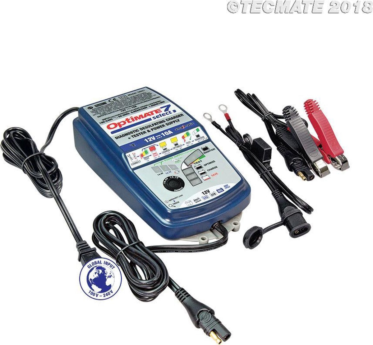 Tecmate Optimate 7 Select 9-stappen 12V 10A gesloten accu besparende lader & druppellader