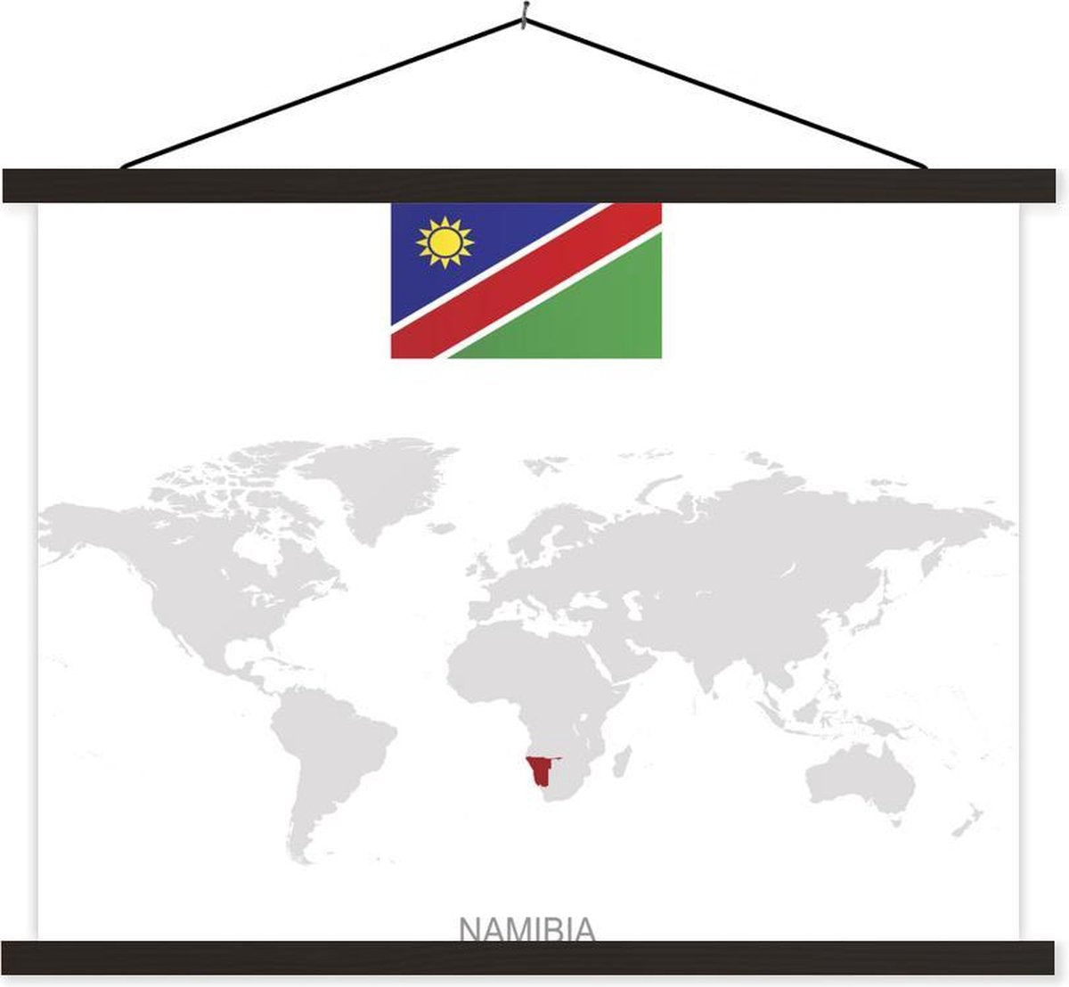 Illustratie van een grijze wereldkaart met Namibië in het rood schoolplaat platte latten zwart