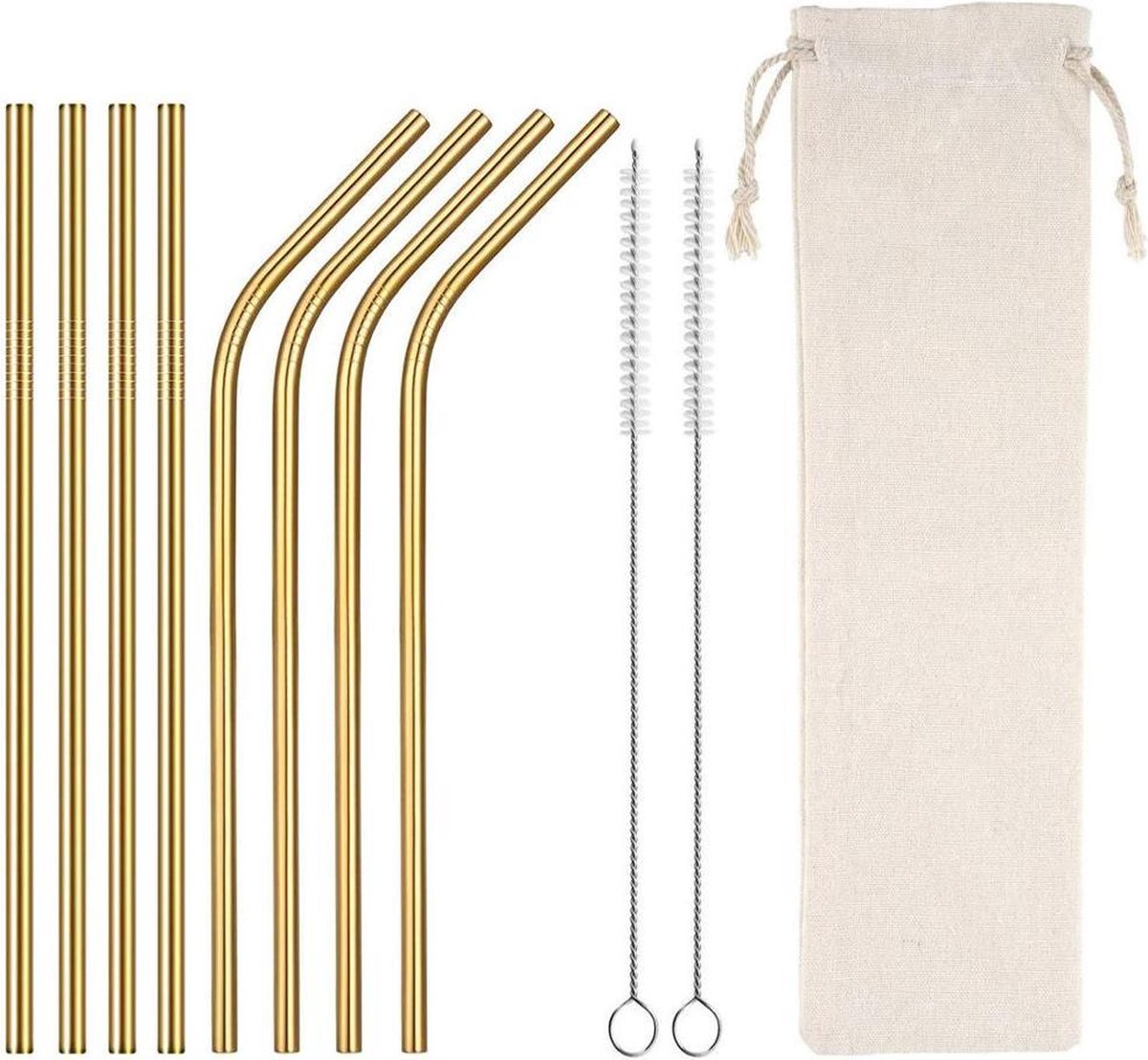 Herbruikbare metalen rietjes - RVS - Set van 8 stuks + 2 kuisborsteltjes - 4 stuks gebogen - 4 stuks recht - Herbruikbaar - Ecologisch - Goud