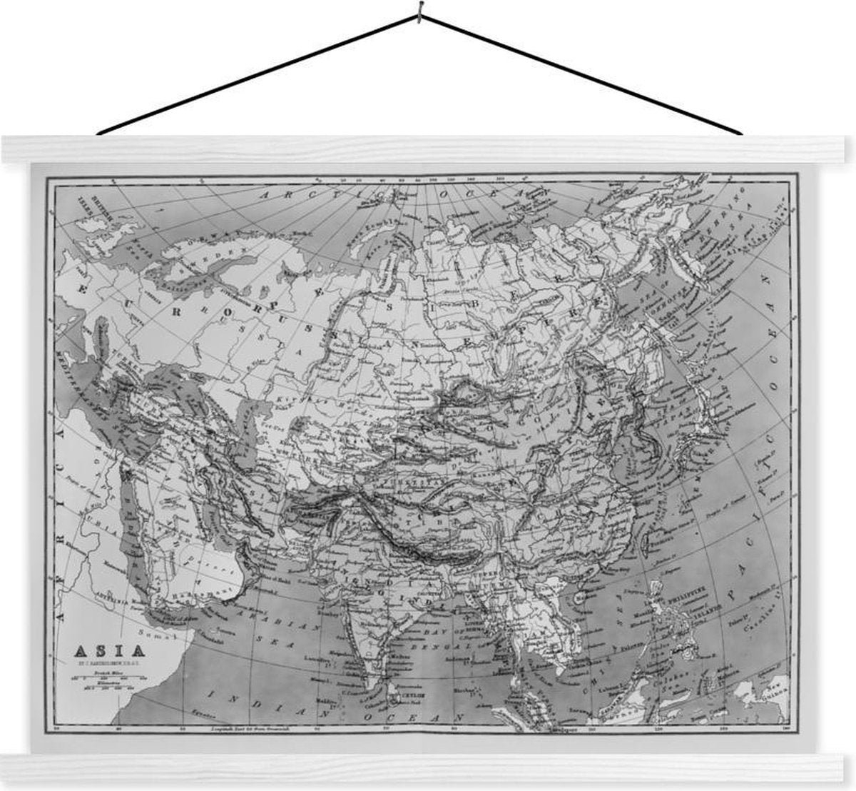 Klassieke wereldkaart zwart wit textielposter latten blank 60x45 cm - Foto print op schoolplaat (wanddecoratie woonkamer/slaapkamer)