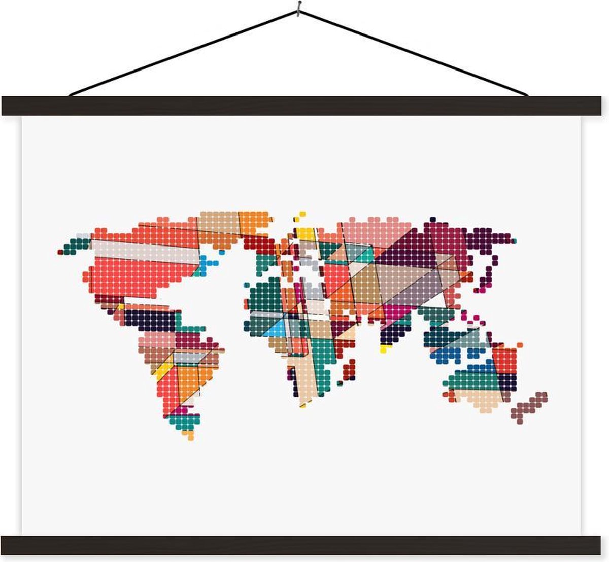 Moderne wereldkaart geometrische vormen textielposter latten zwart