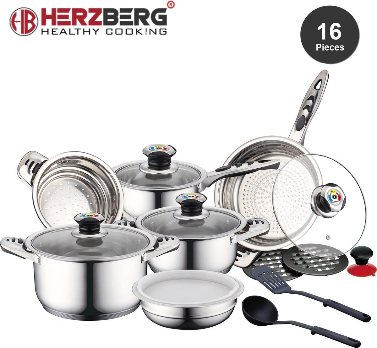 Herzberg - Set Lot 16-delige Pannenset inductie - Pannensets – Glazen deksel met Warmteindicatie - RVS - PFAS-vrij