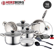 Herzberg - Set Lot 16-delige Pannenset inductie - Pannensets – Glazen deksel met Warmteindicatie - RVS - PFAS-vrij