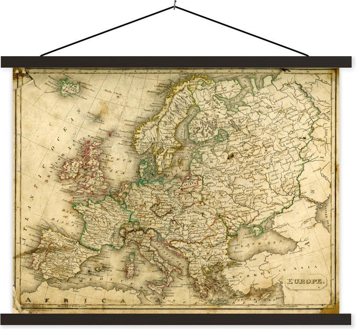 Groezelige wereldkaart van Europa textielposter latten zwart
