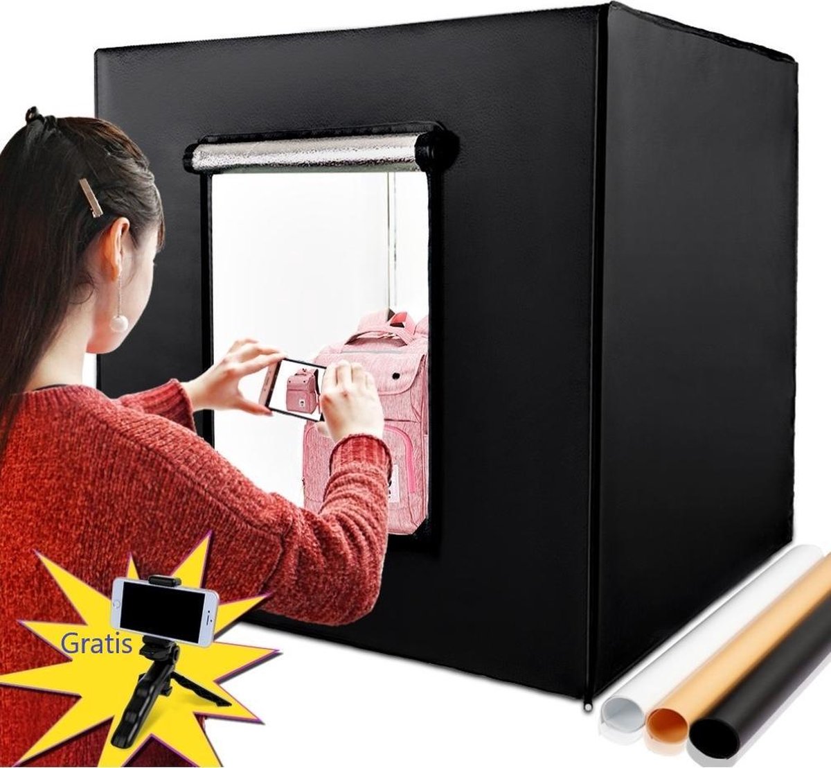 JGS Fotostudio Set - Draagbaar - Fotobox - LED verlichting  - 80x80x80 cm - Fototent - Opnametent - Mini Statief - 3 Achtergronden