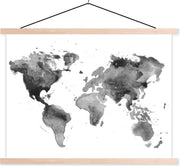 Schoolplaat - Wereldkaart - Aquarel - Zwart - 150x113 cm - Blanke latten