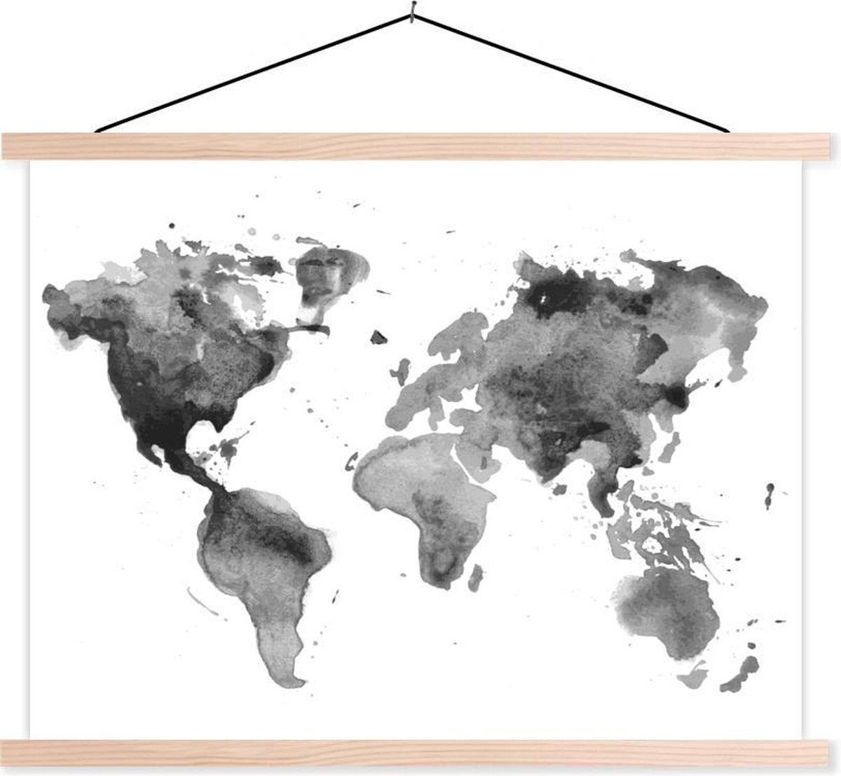 Schoolplaat - Wereldkaart - Aquarel - Zwart - 150x113 cm - Blanke latten