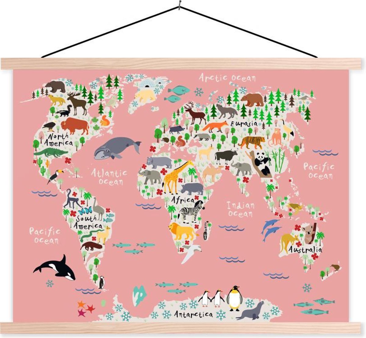 Schoolplaat - Wereldkaart - Kinderen - Roze - Dieren - 150x113 cm - Blanke latten