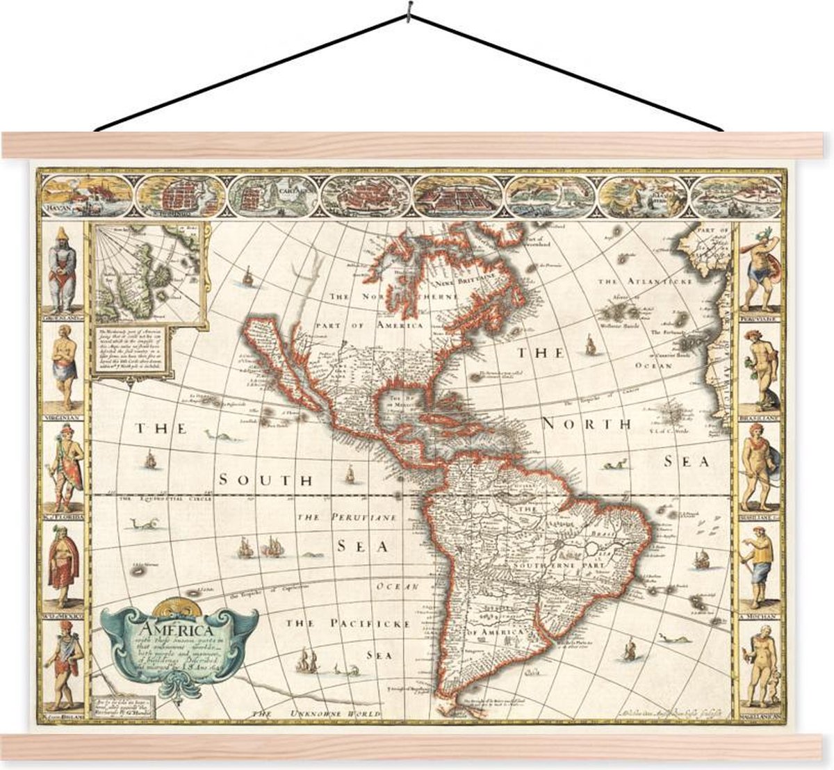 Schoolplaat - Wereldkaart - Amerika - Vintage - 60x45 cm - Blanke latten