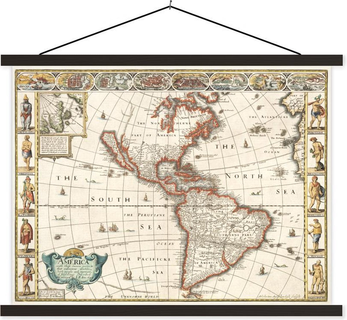 Schoolplaat - Wereldkaart - Amerika - Vintage - 40x30 cm - Zwarte latten