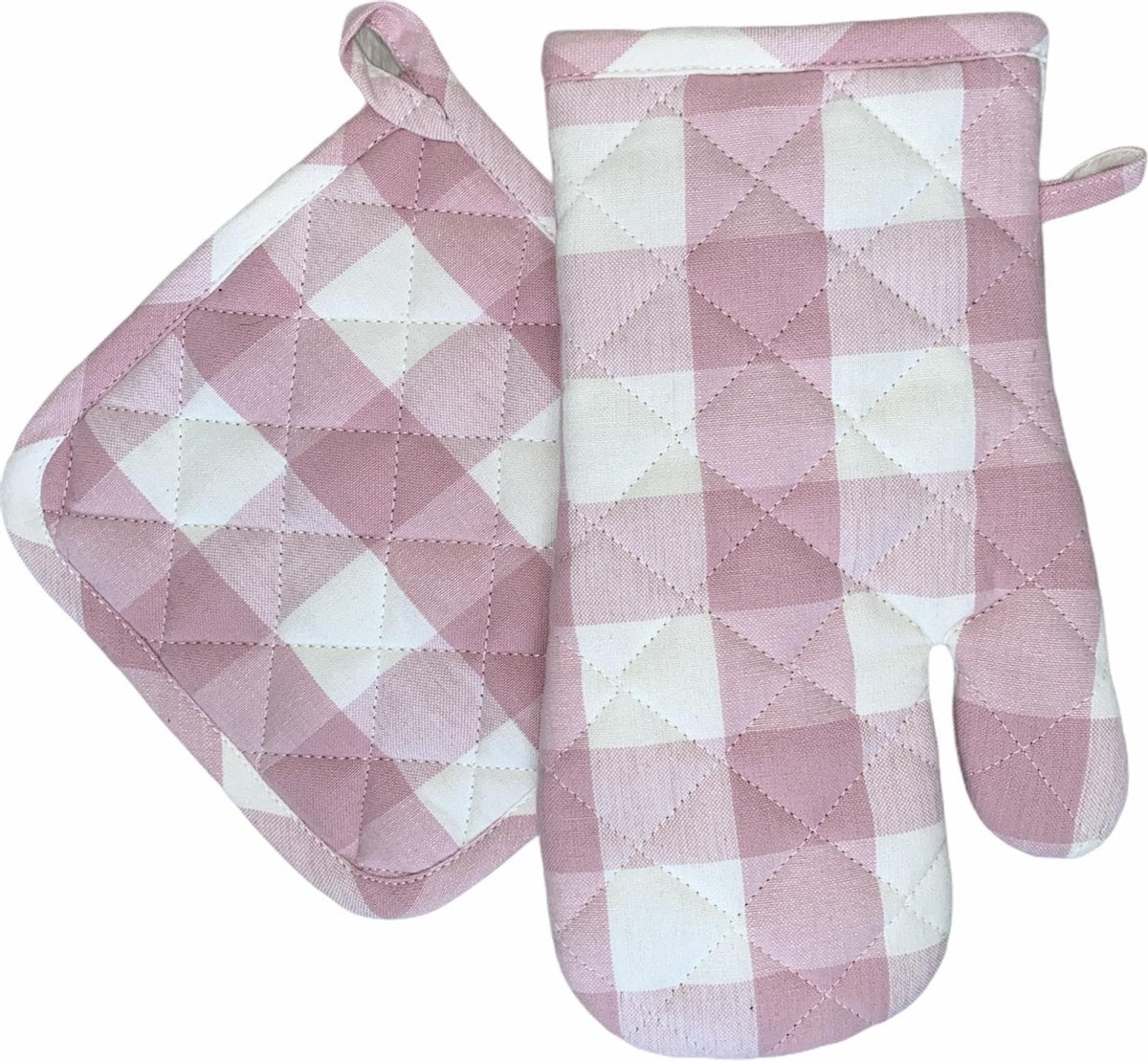 Ovenwant & Pannenlap Set | 100% Katoen | Ovenwanten | Ovenhandschoenen | Pannenlap | Pannenlappen | Hittebestendig| Keuken | Koken | Grip | Roze | Wit | Geruit |