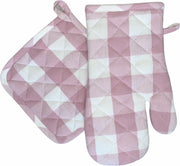 Ovenwant & Pannenlap Set | 100% Katoen | Ovenwanten | Ovenhandschoenen | Pannenlap | Pannenlappen | Hittebestendig| Keuken | Koken | Grip | Roze | Wit | Geruit |