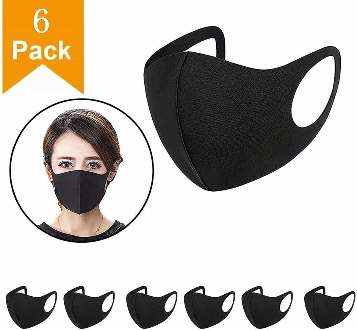 Mondkapje Wasbaar Mondmasker Zwart Mondkapjes Niet-medisch - 6 stuks