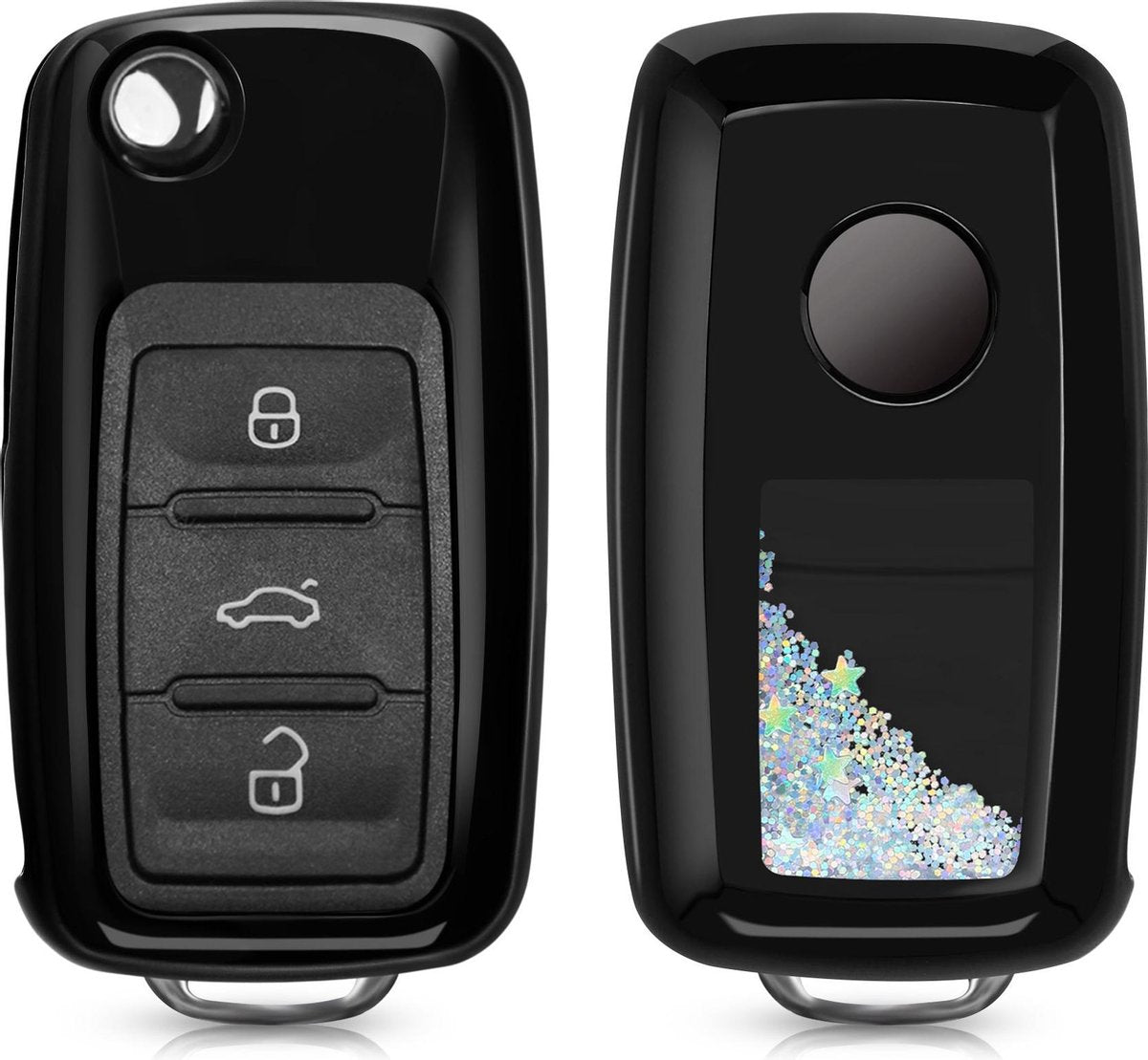 kwmobile autosleutelhoesje voor VW Skoda Seat 3-knops autosleutel - sleutelcover van TPU in zwart / metallic zwart - Sneeuwbol met Sterren design