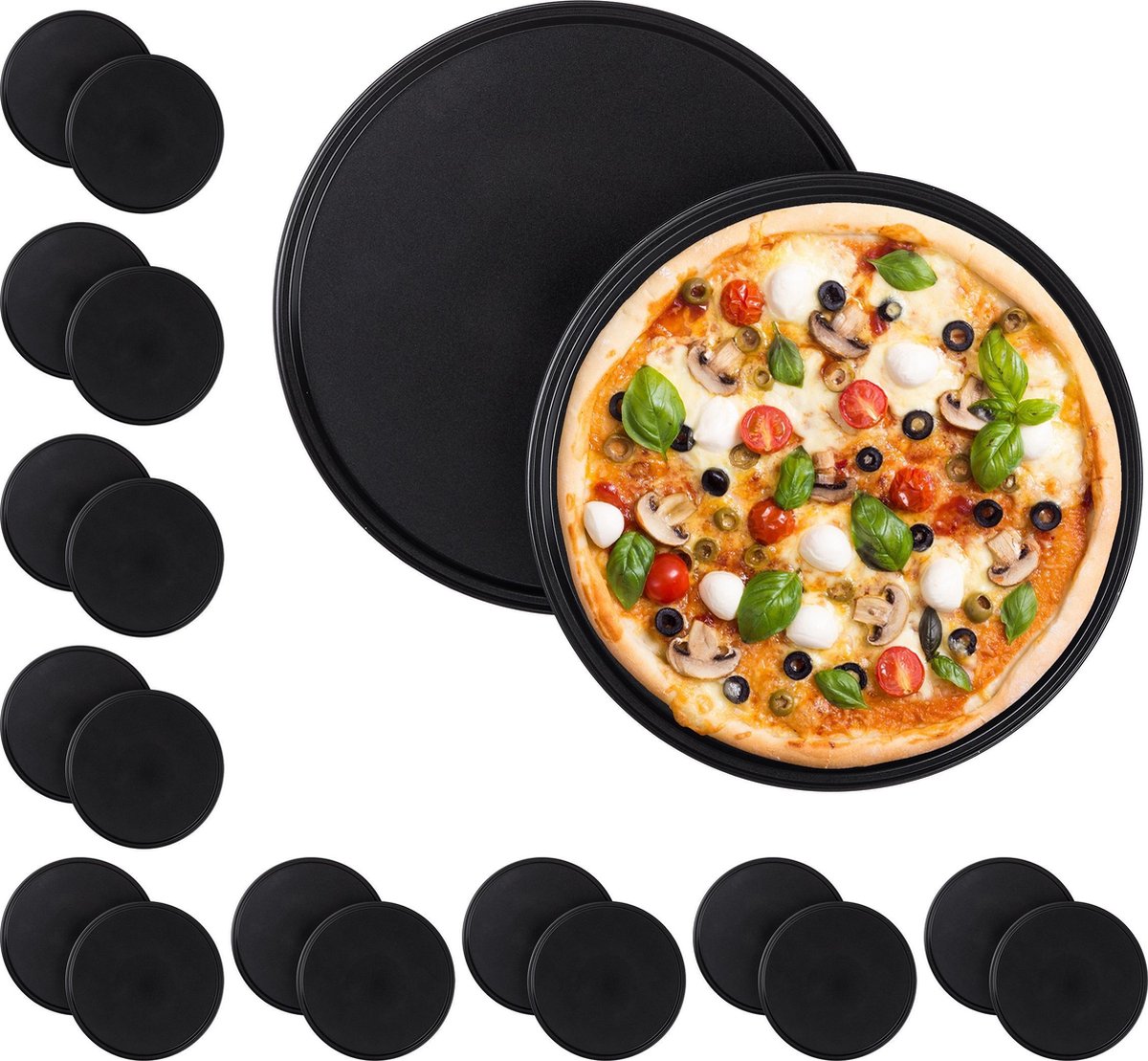 relaxdays 20  x pizzaplaat - antiaanbaklaag - pizzavorm - rond - carbonstaal – grijs