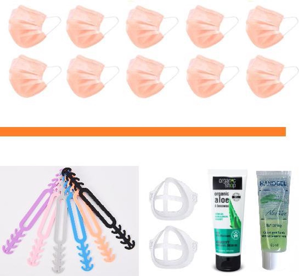 Mondkapjes Vakantie Pakket: 50 Oranje Mondmaskers | 5 Earsavers Mix | 2 Mondmaskerhouders | Handcreme | Handgel