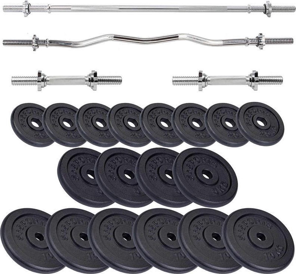 ScSPORTS® Halterset 121 kg - Gietijzer - Complete set incl. verschillende halterstangen en halterschijven - 30 mm -  Gewichten